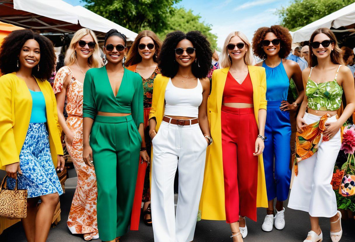 A diverse group of stylish individuals showcasing vibrant outfits in small sizes, blending comfort with modern trends. The scene features a lively outdoor market with colorful fabrics, accessories, and smiles all around, emphasizing joy and confidence in fashion. A backdrop of green plants and sunny skies to evoke a cheerful atmosphere. super-realistic. vibrant colors. white background.